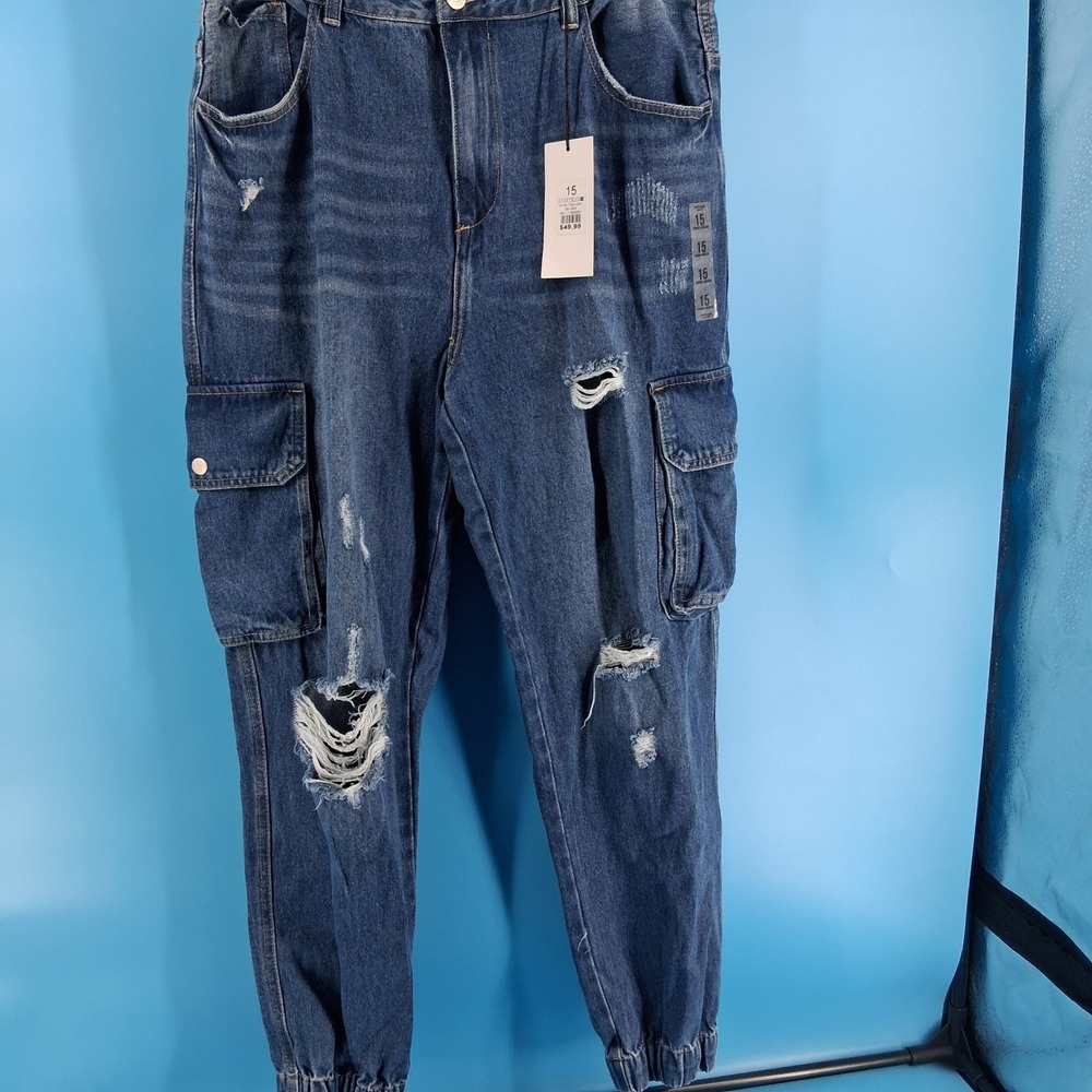 Refuge Denim Cargo Jogger Women 15 Blue High Rise Distressed Utility Jeans